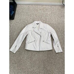 Baccini Sherpa Lined White Faux Leather Asymmetrical Silver Zip Moto Jacket XL